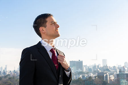 青空を見上げるて笑うスーツの男性の横顔 a0010704PH
