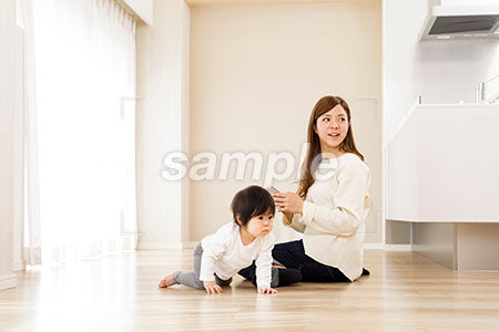 ハイハイする赤ちゃんとスマホを見る母親 a0030545PH