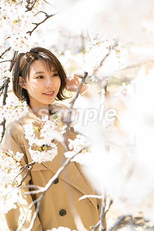 春の桜と左手で髪を触る a0050030PH