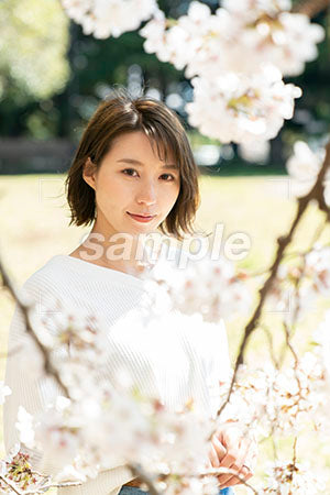 桜の枝と20代の笑顔で正面を見ている女性 a0050049PH