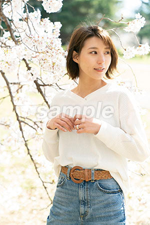 ジーンズの女性と桜の花 a0050070PH