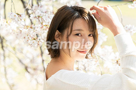白い桜の花とボブの髪型の女性が振り向く a0050087PH