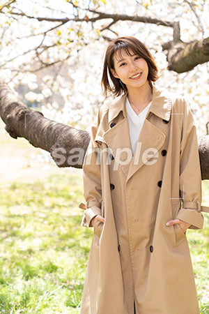 桜の下に立つ女性 枝の前に立って正面を見る a0050244PH