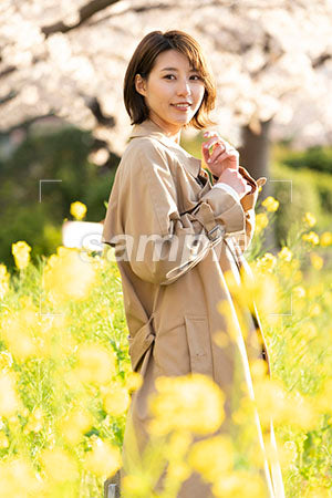 菜の花畑とコートを着た女性 左を見る a0050609PH