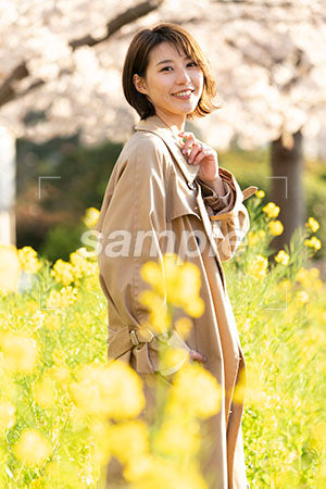 春の季節。菜の花畑に立つ女性 正面を見る a0050612PH
