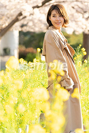 菜の花畑に立つ女性 左を見る a0050616PH