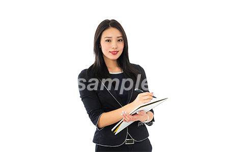 切り抜き写真素材。ノートに筆記している笑顔の女性、目線有り（PSD形式/切抜マスク付き） cta0040229PH
