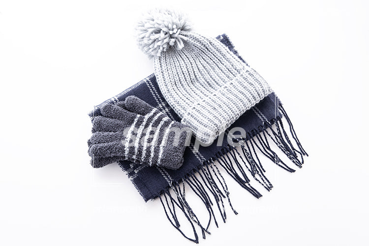 ニット帽とマフラーと縞縞の手袋の冬の防寒着 f1716